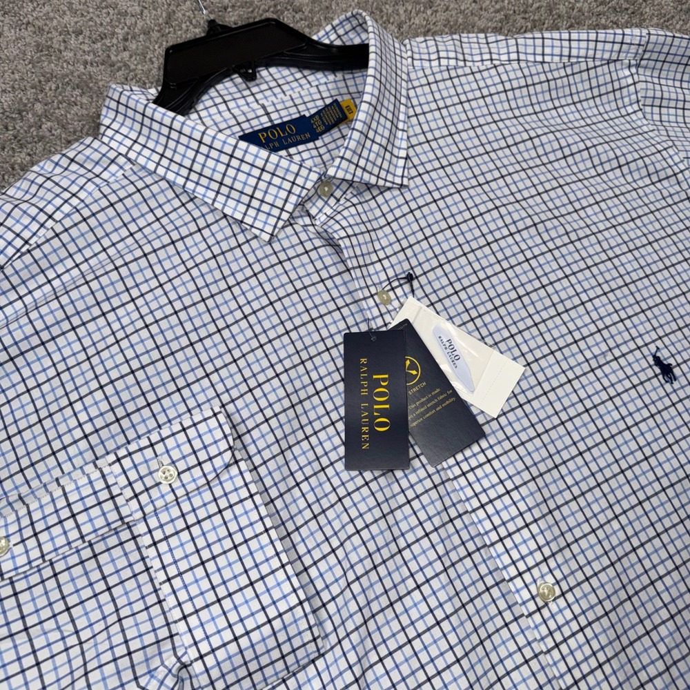 Polo Ralph Lauren Shirt Mens 4XB Stretch Button Down White Blue Check L/S NEW